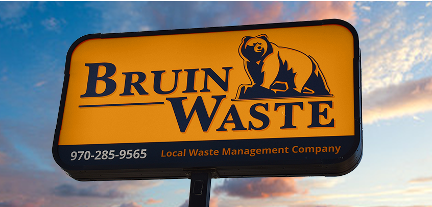 Bruin Waste logo, burnt orange background with large bear